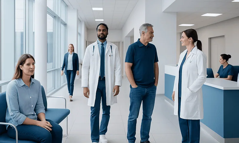 Medical professionals and patients in a hospital corridor.
