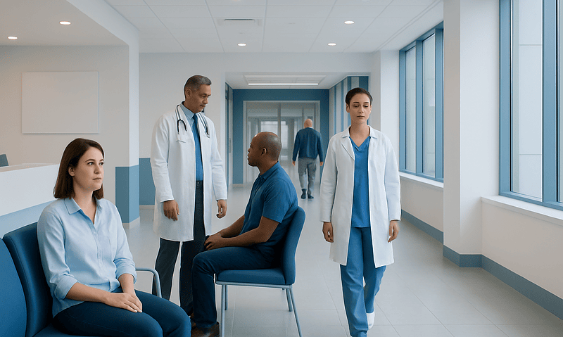 Medical team consulting patient in hospital corridor.