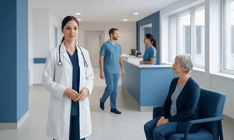 Healthcare professionals and patient in a modern hospital corridor.