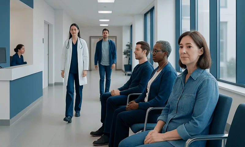 Medical consultation with diverse patients in a hospital waiting area.