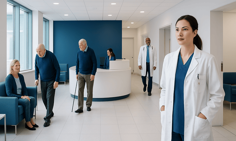 Medical staff and patients in a modern hospital waiting area.