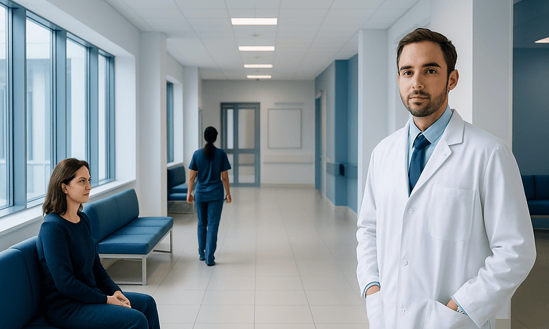 Doctor in white coat with patient in hospital corridor at Acibadem Hospitals.