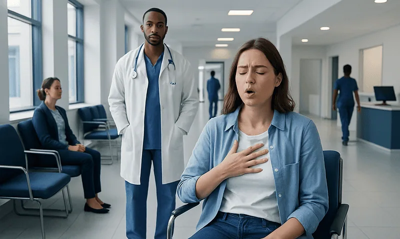 Woman experiencing shortness of breath in hospital waiting area.