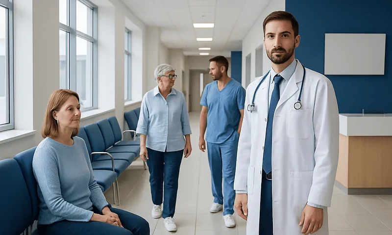 Medical team and patient in hospital corridor at Acibadem Hospitals Group.