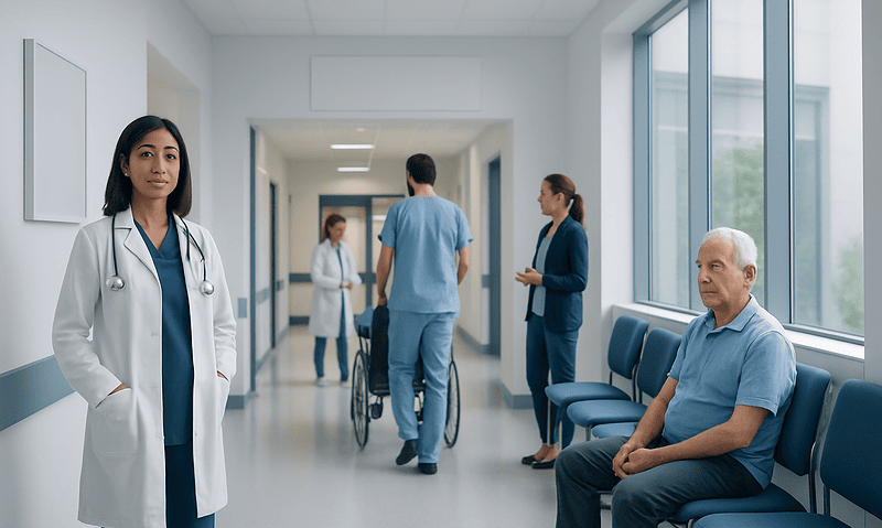 Medical staff and patients in a hospital corridor at Acibadem Hospitals Group.