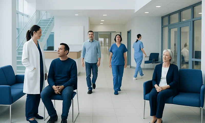 Hospital waiting area with medical staff and patients.