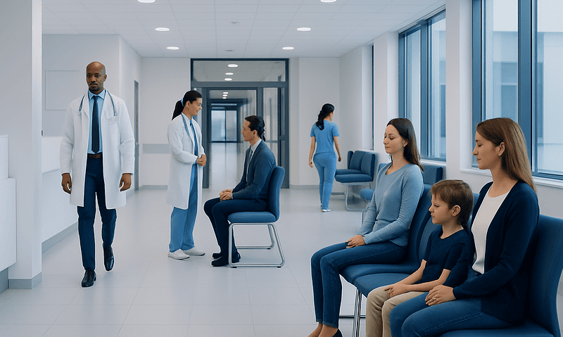 Hospital waiting area with patients and medical staff in a modern clinic.