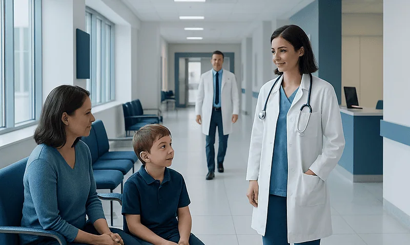 Doctor talking to a mother and child in a hospital corridor.