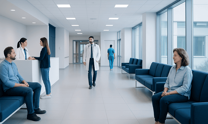 Modern hospital waiting area with patients and staff at Acibadem Hospitals Group.