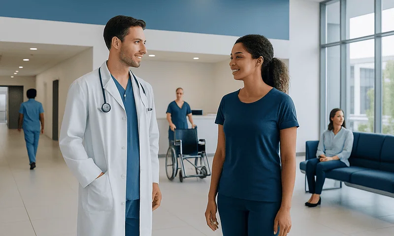 Healthcare professionals and patient in hospital corridor at Acibadem Hospitals Group.