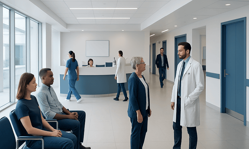 Modern hospital reception area with staff and patients engaging.