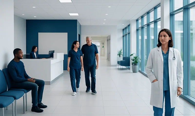 Modern hospital corridor with medical staff and patients at Acibadem Hospitals Group.