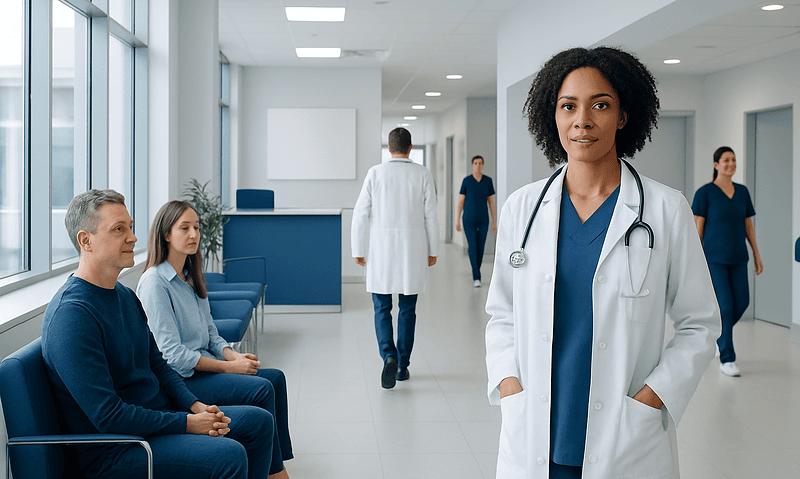 Healthcare professionals and patients in a modern hospital corridor.