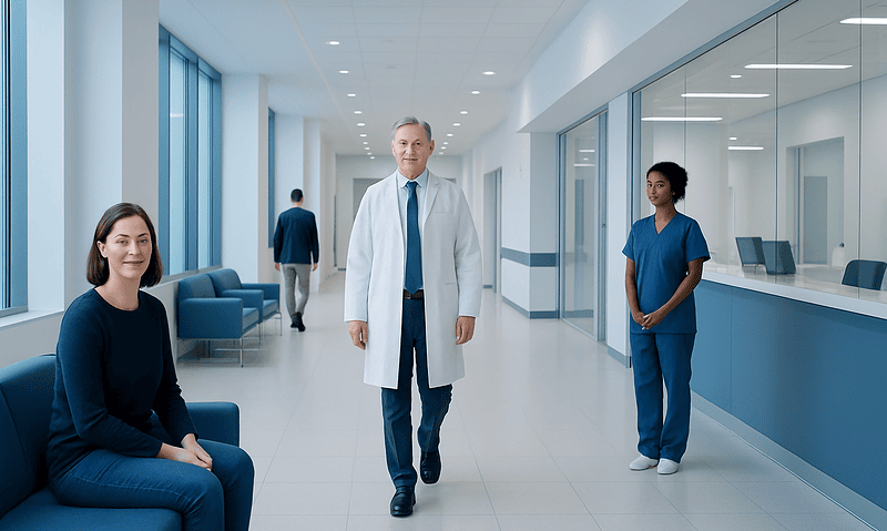 Medical professionals in a modern hospital corridor at Acibadem Hospitals Group.
