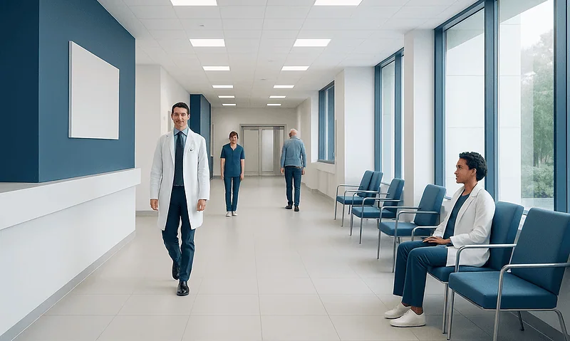 Modern hospital corridor with doctors and patients in a bright, clean environment.