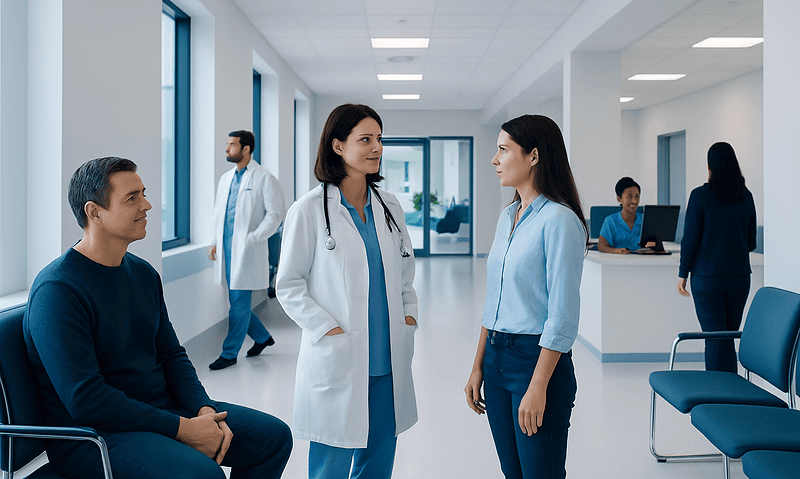 Lacosamide: A Complete Medical Overview 18 Medical consultation in a modern hospital corridor with healthcare professionals.