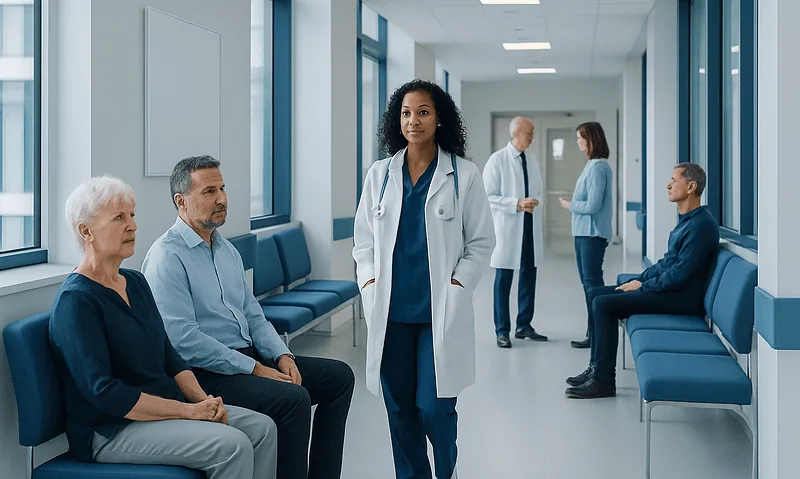 Frontotemporal Dementia: What Patients Need to Know 8 Healthcare professionals and patients in a hospital corridor.