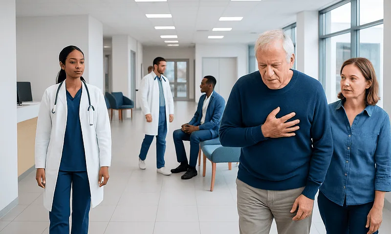 Senior man experiencing chest pain in hospital corridor with medical staff nearby.