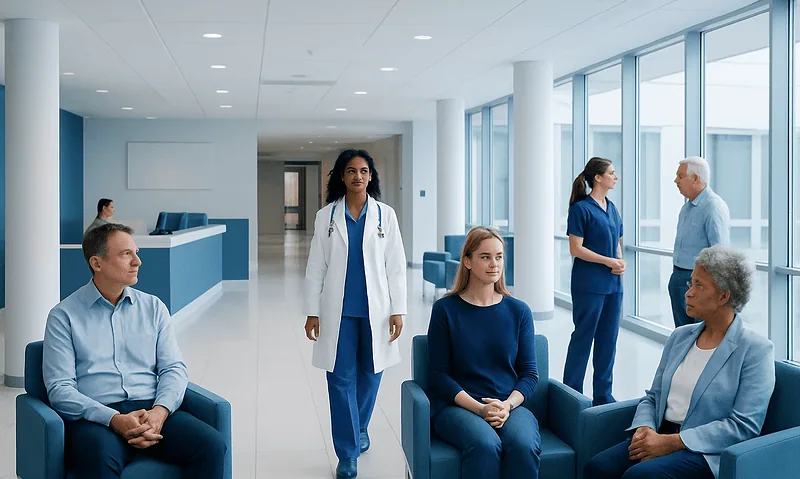 Medical professionals and patients in a modern hospital waiting area.