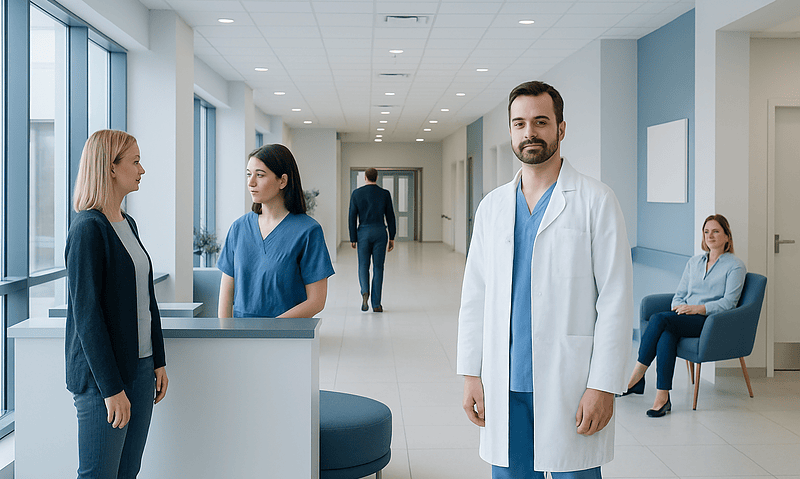 Medical professionals and patients in a modern hospital corridor.