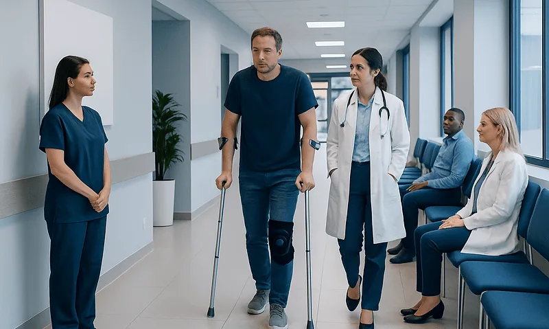 Patient with leg injury using crutches in hospital corridor with medical staff.