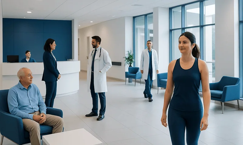 Patients and medical staff in a modern hospital lobby.