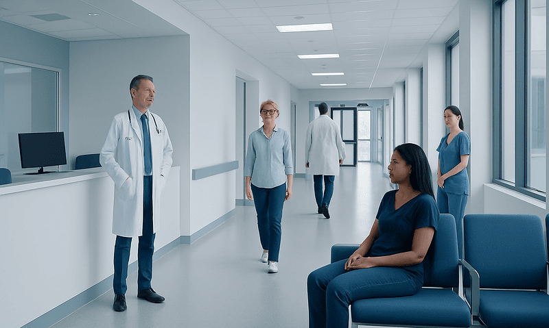Hospital corridor with medical staff and patient in waiting area.
