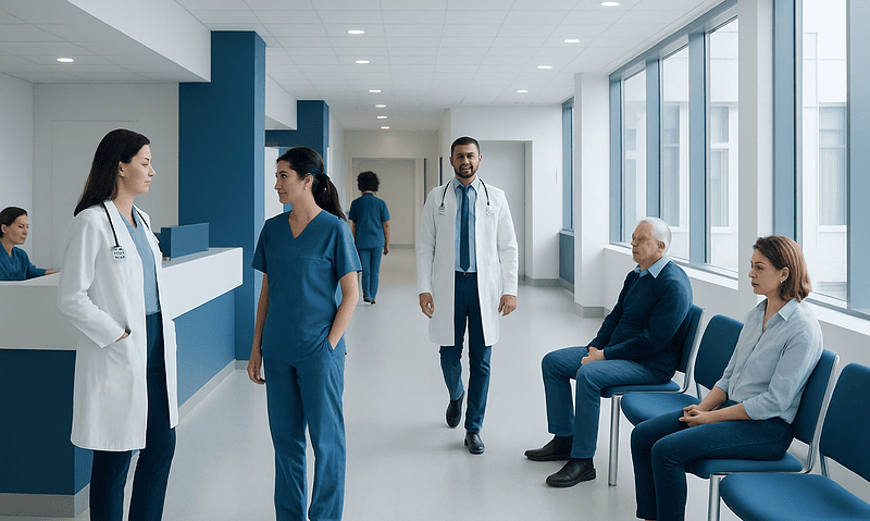 Wilson's Disease: Symptoms, Causes, and Treatment Options 14 Medical team and patients in a modern hospital corridor.
