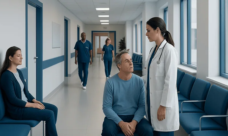Doctor consulting patient in hospital corridor with medical staff in background.