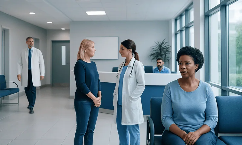 Medical consultation in a hospital waiting area with healthcare professionals and patients.