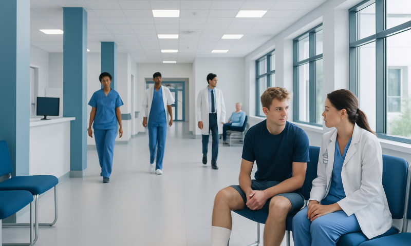 Patient consulting with doctor in hospital corridor with medical staff in background.