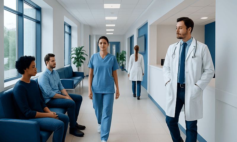Medical professionals and patients in a hospital corridor at Acibadem Hospitals Group.