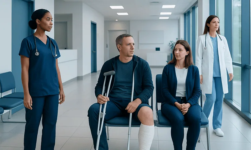 Patient with leg injury consulting with medical staff in hospital corridor.