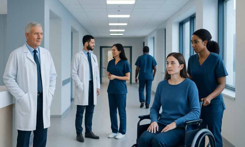 Medical team with patient in hospital corridor at Acibadem Hospitals Group.