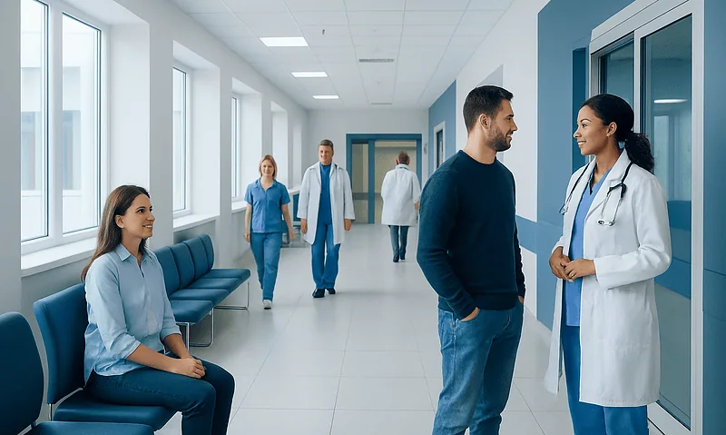 Healthcare professionals and patients in a modern hospital corridor.