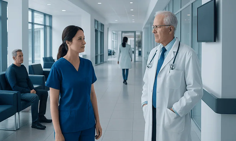 Medical professionals discussing patient care in a modern hospital corridor.
