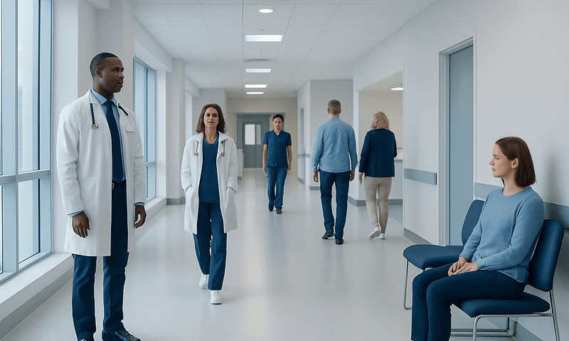 Medical professionals and patient in a hospital corridor at Acibadem Hospitals Group.