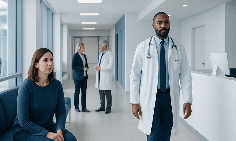 P Rosea Disease: Diagnosis, Outlook, and Modern Treatment Approaches 5 Medical consultation in a modern hospital corridor with doctors and patient.
