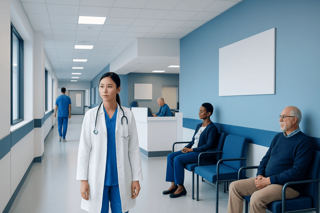 Pulseless Electrical Activity: An Evidence-Based Guide for Patients 1 Healthcare professionals and patients in a modern hospital corridor.