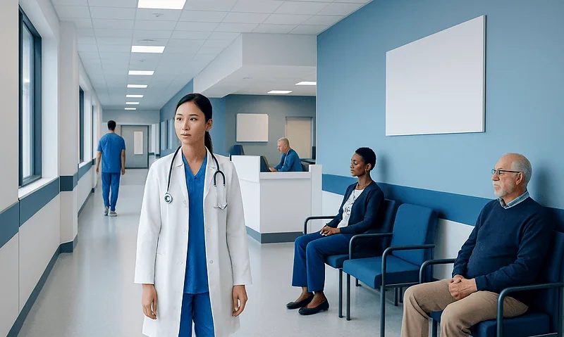 Healthcare professionals and patients in a modern hospital corridor.