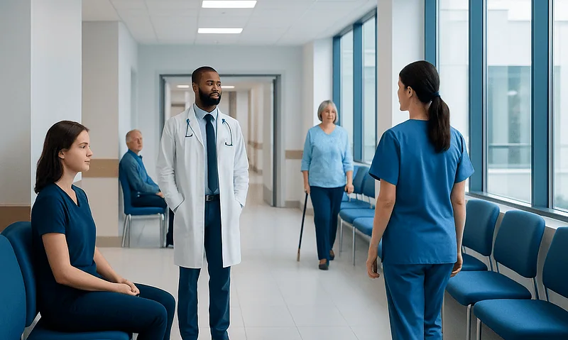Medical team discussing patient care in hospital corridor with waiting area.