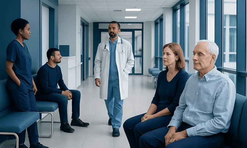 Medical consultation in hospital corridor with diverse healthcare professionals and patients.