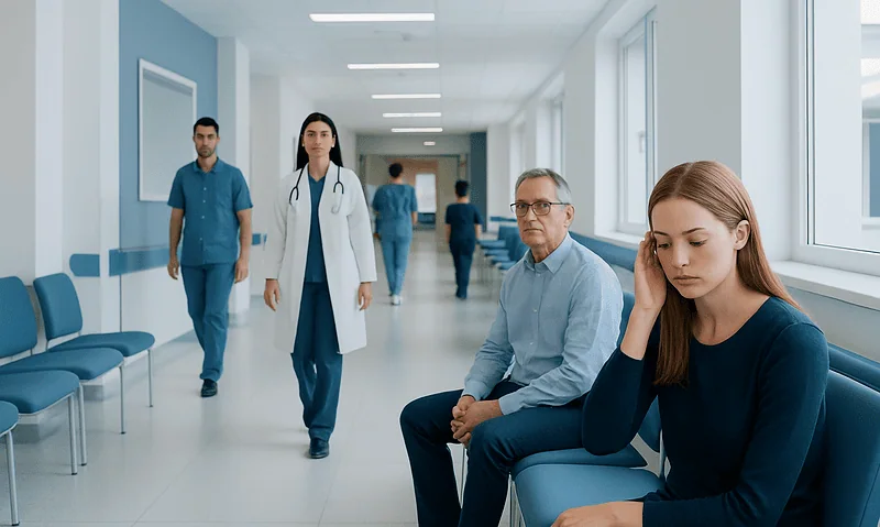 Young woman experiencing eye strain in a hospital corridor.