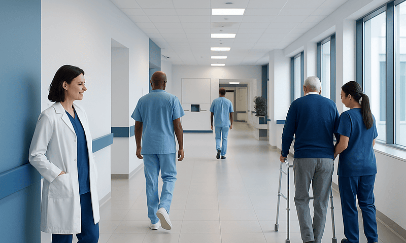 Healthcare professionals walking in a hospital corridor with large windows.