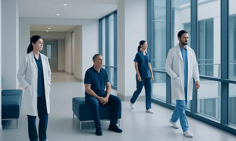 Medical team waiting in hospital corridor with large windows.