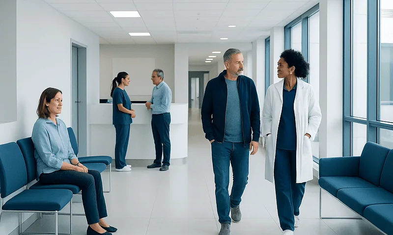 Medical professionals and patients in a modern hospital corridor.