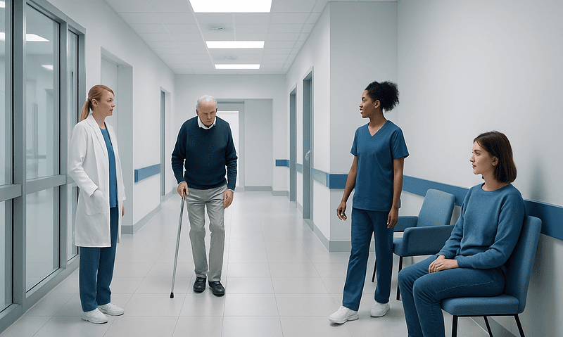 Wernicke-korsakoff Syndrome: Diagnosis, Outlook, and Modern Treatment Approaches 15 Elderly patient with cane in hospital corridor with medical staff and nurse.