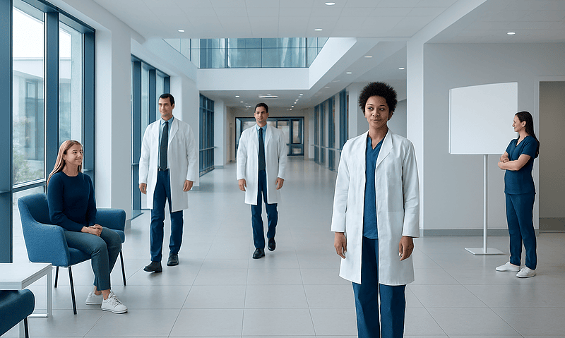 Understanding Dermatofibroma: A Complete Patient Guide 8 Medical team in hospital corridor with patient and staff members.