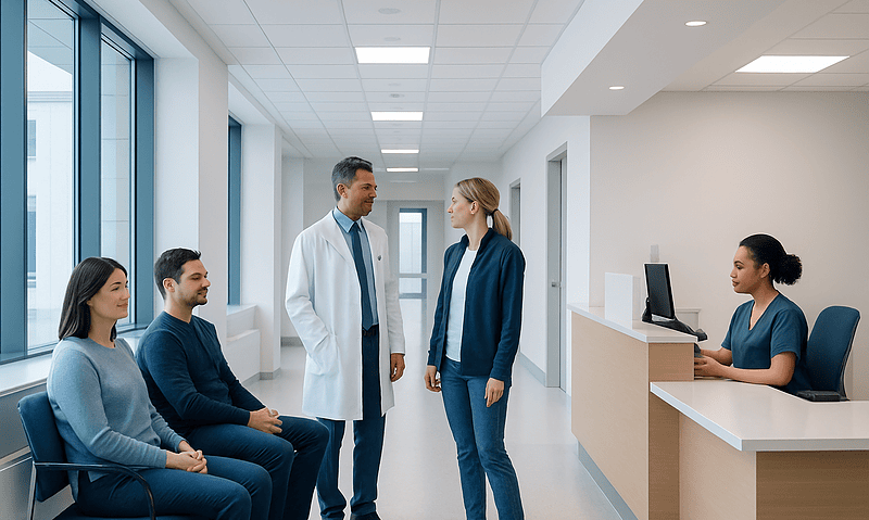 Medical consultation in a modern hospital corridor with doctor and patients.