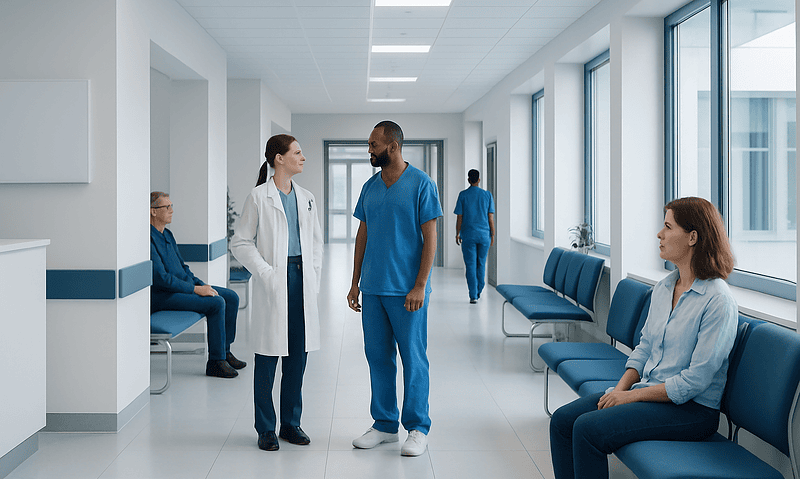 Toasted Skin Syndrome: Symptoms, Causes, and Treatment Options 6 Healthcare professionals and patients in a modern hospital corridor.